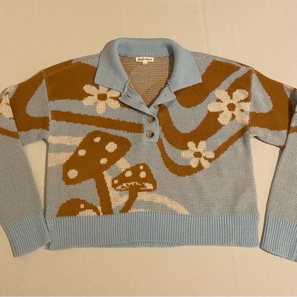 Derek Heart Sz L Blue and Brown Floral Mushroom Cropped Sweater - Picture 2 of 7